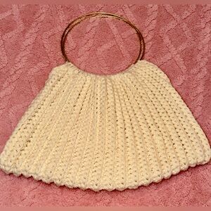 Handmade Crochet Bag with Gold Ring Handles | Cream Boho Chic Purse